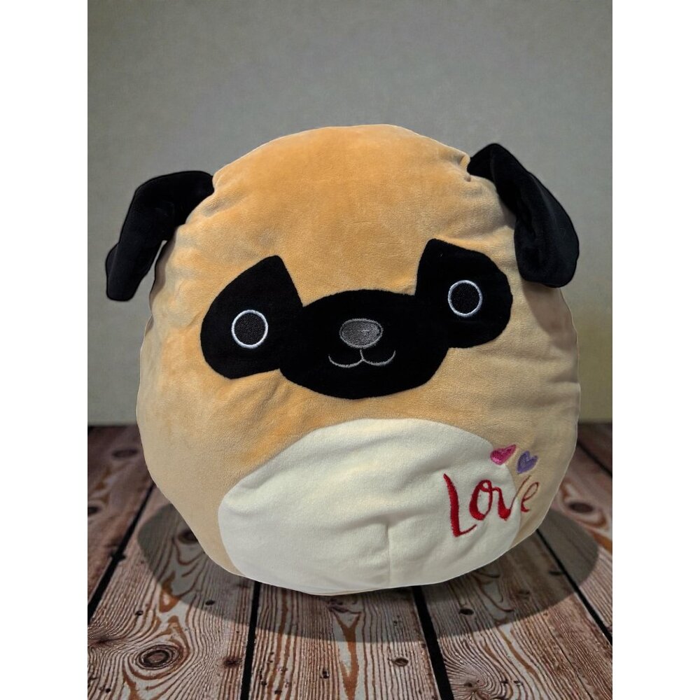 Squishmallows 2018 Pug Dog Plush Toy 12" Tan Black Embroidered Love Heart Soft P